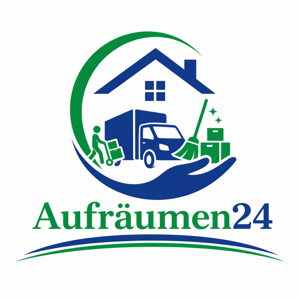 Logo für „Aufräumen24“ mit einem Haus, einem Umzugswagen, einer Person mit Kartons, Reinigungsutensilien und einer Hand – ideal für die Verwendung in einer Kopfzeilenvorlage und als Symbol für umfassende Umzugs- und Reinigungsdienstleistungen.