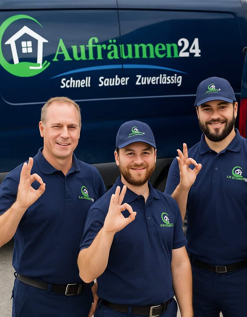 Entrümpelung Schwerin - Großes Team von Aufräumen24 zeigt Symbol für Zuverlässigkeit und Sauberkeit, bereit für professionelle Haushalts- und Firmenreinigung.