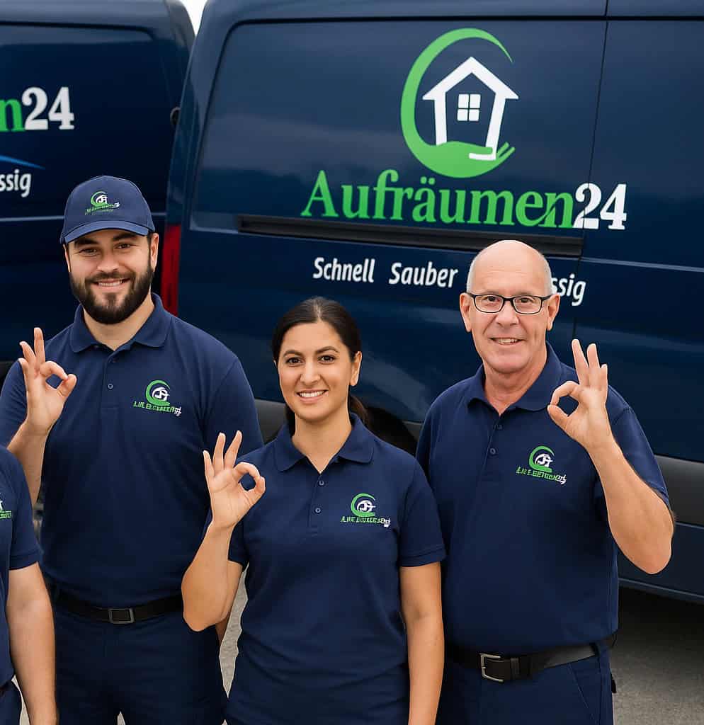 Haushaltsauflösung Kosten - Sauberes Umzugs- und Entrümpelungsteam vor Firmenfahrzeug, symbolisiert Zuverlässigkeit und Effizienz.