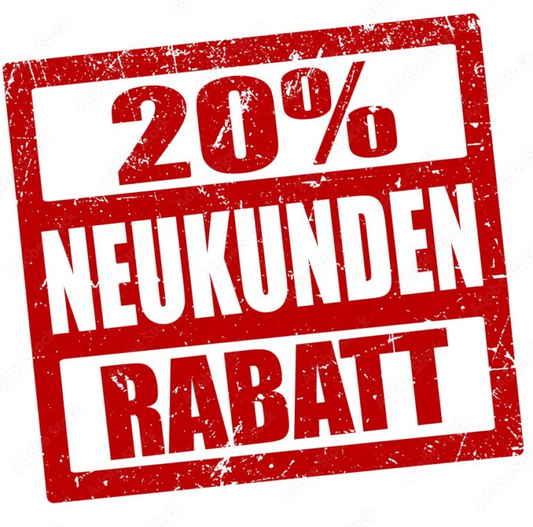 Rot-weißes Schild im Stil einer Briefmarke mit dem deutschen Text 20% Neukunden Rabatt, d.h. 20% Neukundenrabatt auf Entrümpelung Dienstleistungen.