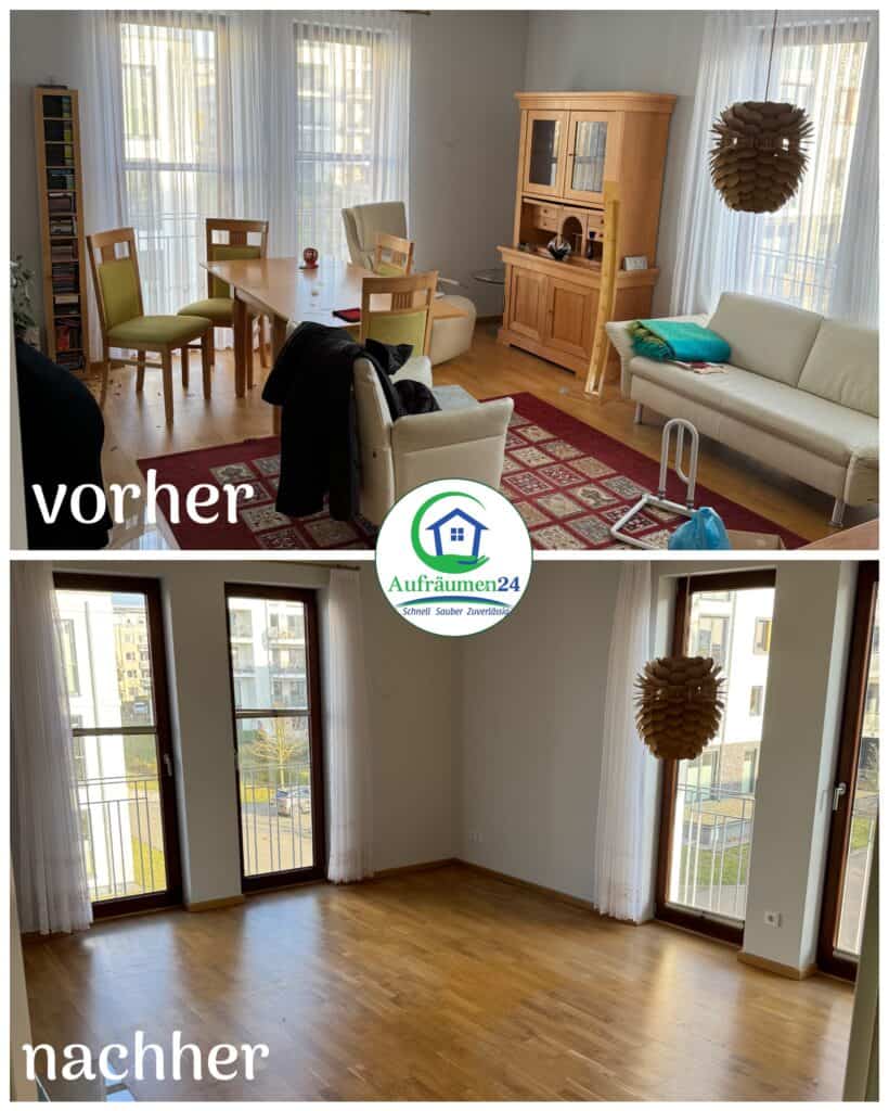 Vorher- und Nachher-Fotos zeigen ein Wohnzimmer mit Möbeln und Dekoration, dann das gleiche Zimmer komplett leergeräumt und gereinigt, nur die Vorhänge sind noch vorhanden.