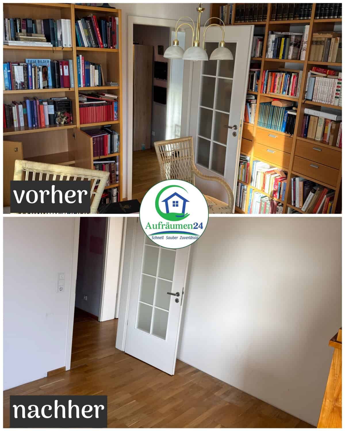 Geteiltes Bild, das einen Raum vor und nach der Entrümpelung zeigt; oben sind die Regale voller Bücher und Möbel, unten ist der Raum leer, mit nacktem Boden und weißen Wänden.
