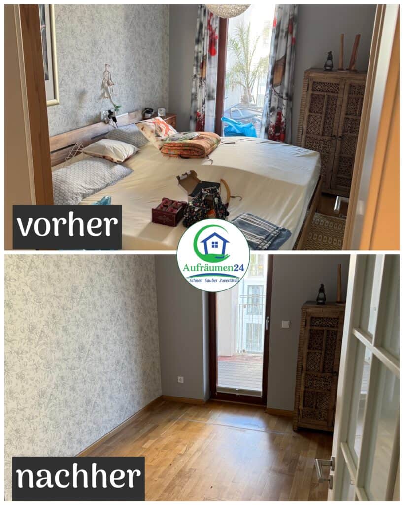 Ein Schlafzimmer, das vorher mit Bett, Dekoration und persönlichen Gegenständen gezeigt wird, und nachher, wenn alle Möbel und Gegenstände entfernt wurden und ein leerer Raum mit Holzboden zurückbleibt.