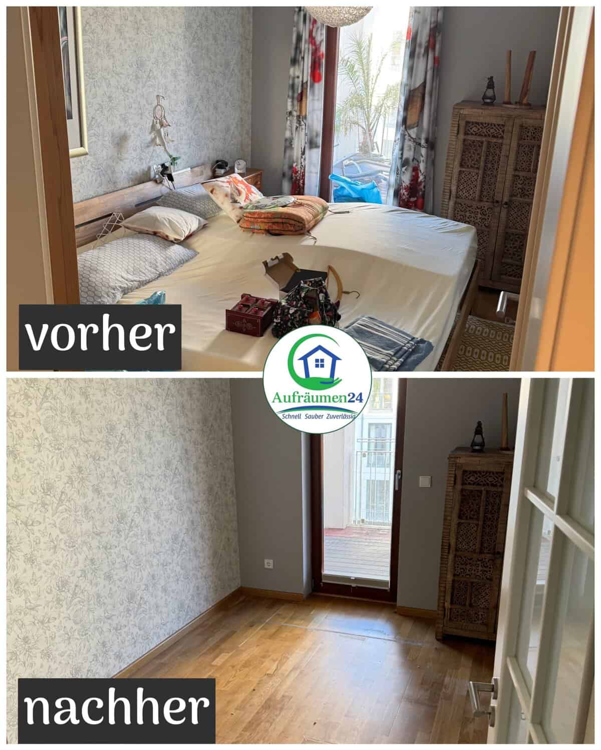 Ein Schlafzimmer, das vorher mit Bett, Dekoration und persönlichen Gegenständen gezeigt wird, und nachher, wenn alle Möbel und Gegenstände entfernt wurden und ein leerer Raum mit Holzboden zurückbleibt.