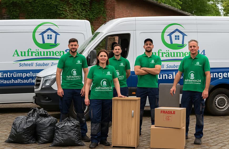 Fünf Personen in grünen Aufräumen24-Hemden stehen vor einem Firmenwagen mit Müllsäcken, einem Schrank und Kartons mit der Aufschrift "zerbrechlich" auf dem Bürgersteig - bereit, Ihre Wohnungsauflösung samt transparenter Kosten zu übernehmen.