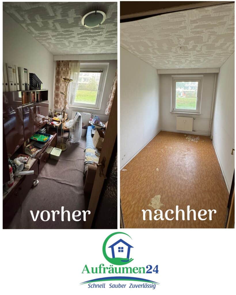 Das geteilte Bild zeigt links einen aufgeräumten Raum mit der Aufschrift vorher, und rechts den gleichen Raum aufgeräumt und geleert mit der Aufschrift nachher. Logo Aufräumen24 am unteren Rand.