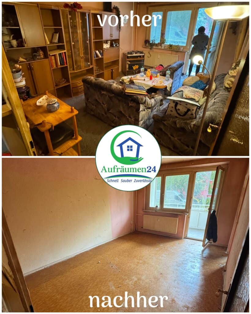 Vorher-Nachher-Foto eines Wohnzimmers; das obere Bild zeigt einen unordentlichen Raum, das untere Bild zeigt den aufgeräumten und leeren Raum. Das Aufräumen24-Logo befindet sich in der Mitte.