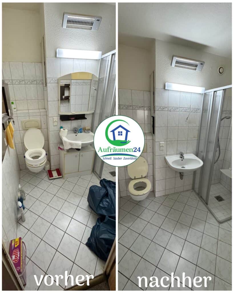 Vergleich eines Badezimmers vor (links) und nach (rechts) der Reinigung und Entrümpelung; das Nachher-Bild zeigt einen aufgeräumteren Raum mit entfernten Gegenständen.