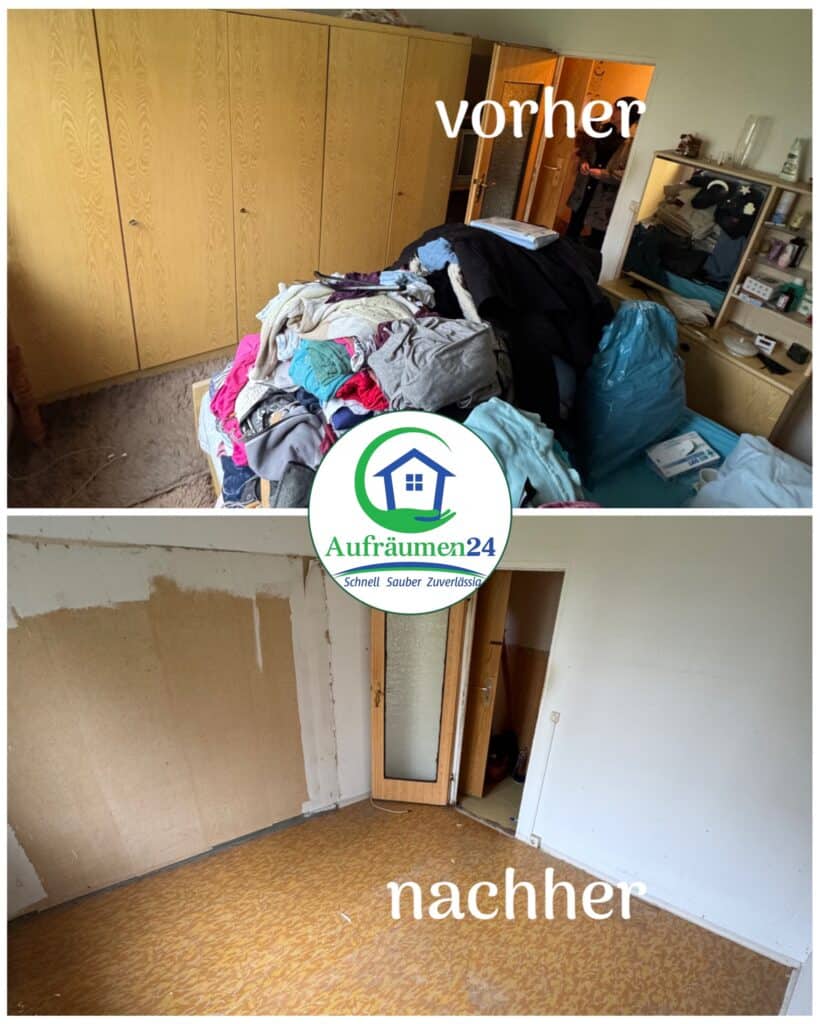 Geteiltes Bild, das einen unordentlichen, chaotischen Raum mit der Aufschrift vorher (vorher) und den gleichen Raum aufgeräumt und sauber mit der Aufschrift nachher (nachher) zeigt, mit dem Aufräumen24-Logo in der Mitte.