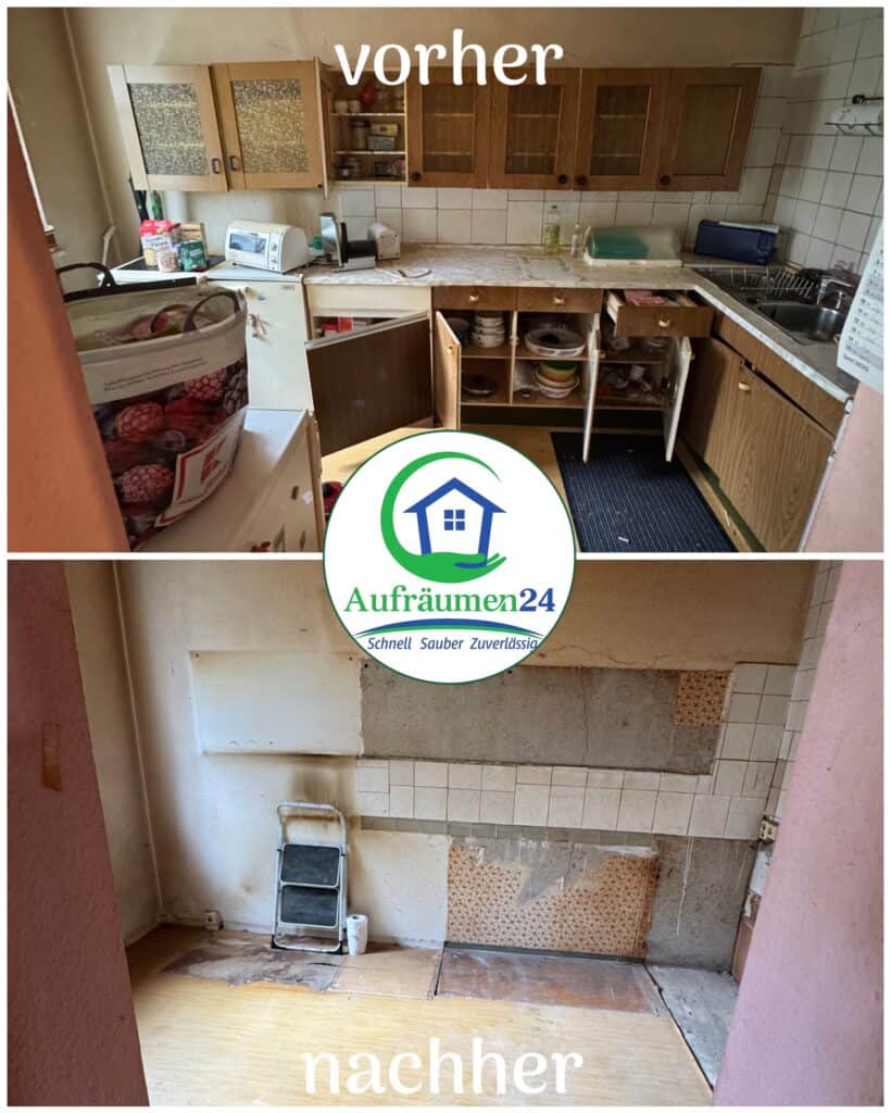 Ein geteiltes Bild, das eine unordentliche, alte Küche vorher und den gleichen Bereich leer und aufgeräumt nachher zeigt, mit dem Logo eines Reinigungsdienstes in der Mitte.