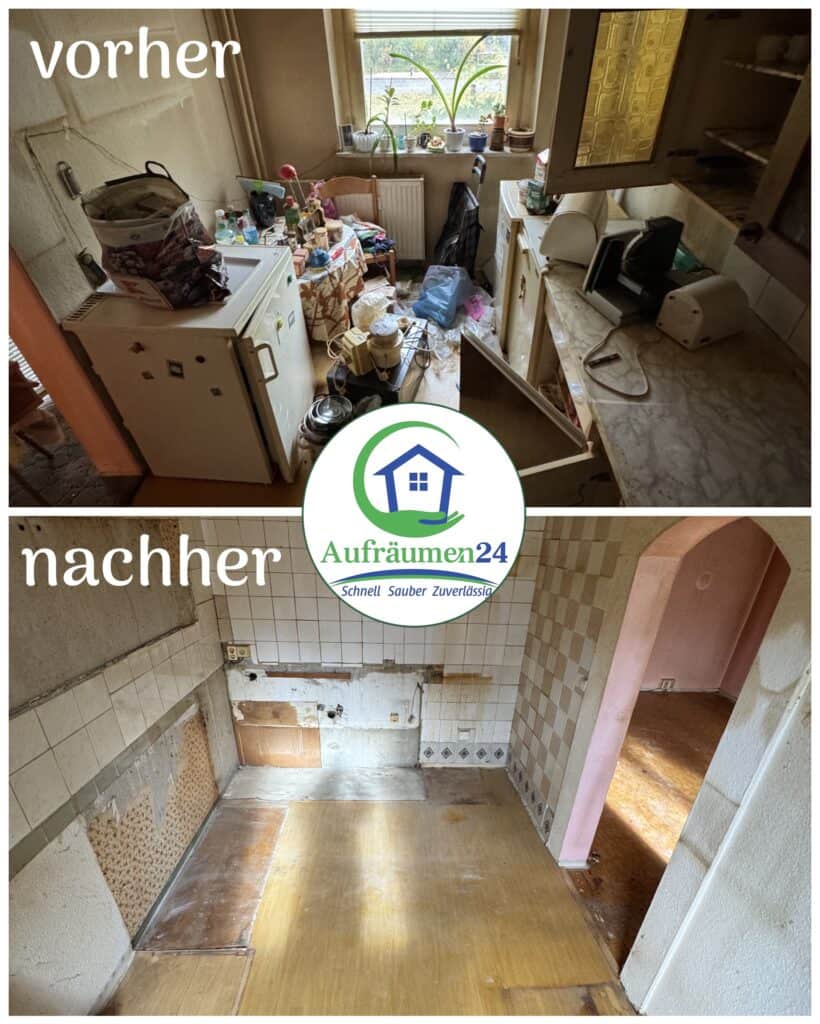 Das obere Bild zeigt eine unaufgeräumte Küche vor dem Aufräumen; das untere Bild zeigt die gleiche Küche aufgeräumt und leer. Die Wörter vorher und nachher kennzeichnen die Bilder.