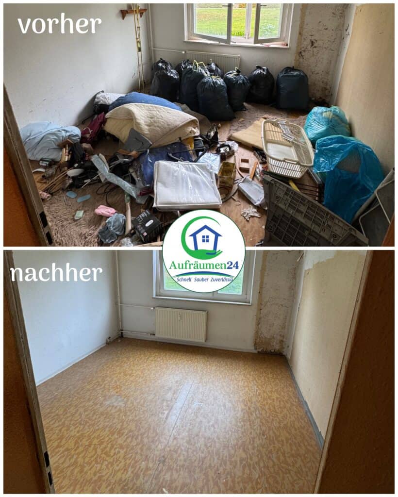 Zwei Fotos desselben Zimmers: Das obere Bild zeigt Unordnung und Taschen auf dem Boden (vorher), das untere Bild zeigt das Zimmer leer und sauber (nachher).