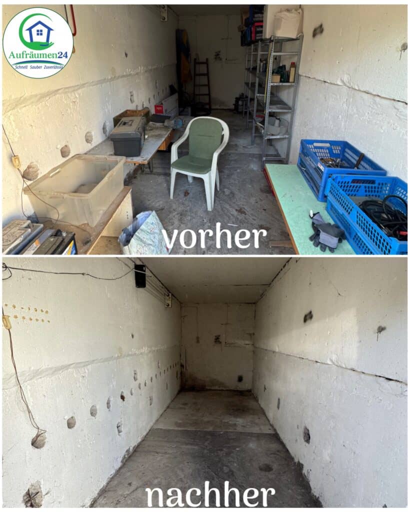 Zwei Fotos zeigen eine Garage vor und nach der Reinigung: Auf dem oberen Bild sind verschiedene Gegenstände und Möbel verstreut, auf dem unteren Bild ist der Raum leer und aufgeräumt.