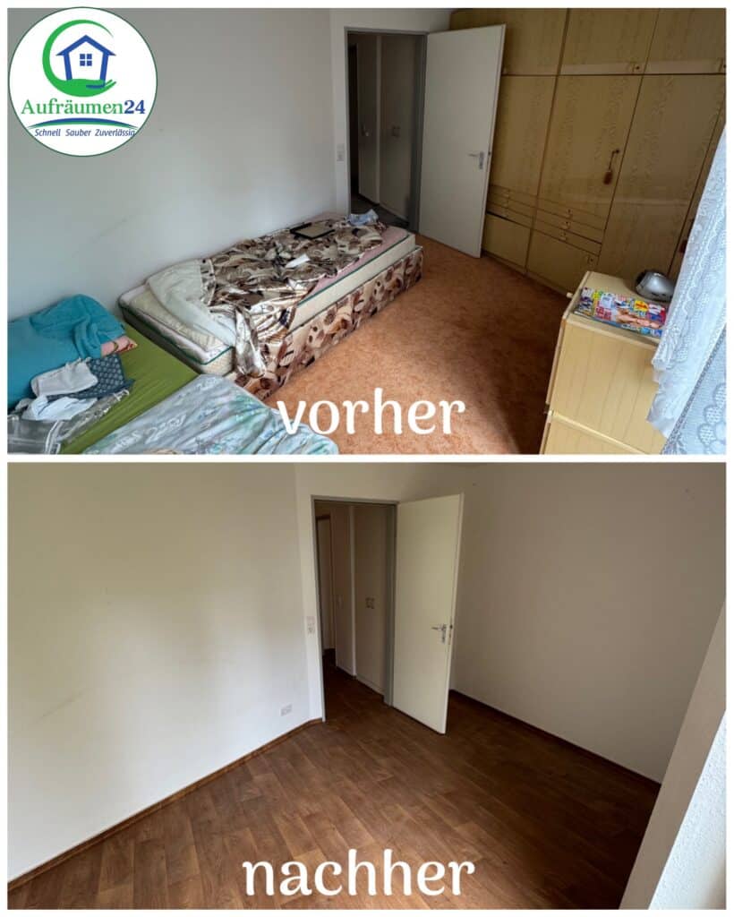 Zwei Fotos zeigen ein Schlafzimmer vor und nach der Reinigung; das erste ist mit einem Bett, Schränken und Unordnung ausgestattet, während das zweite leer ist, mit sauberen Böden und ohne Möbel.