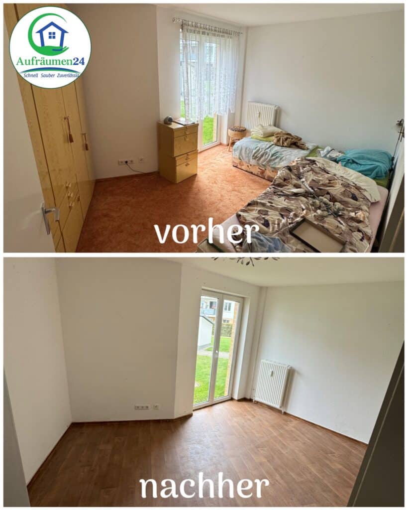 Zwei Fotos desselben Schlafzimmers: Das obere zeigt ein unordentliches Zimmer mit Möbeln und Bettzeug, während das untere den leeren und aufgeräumten Raum zeigt.