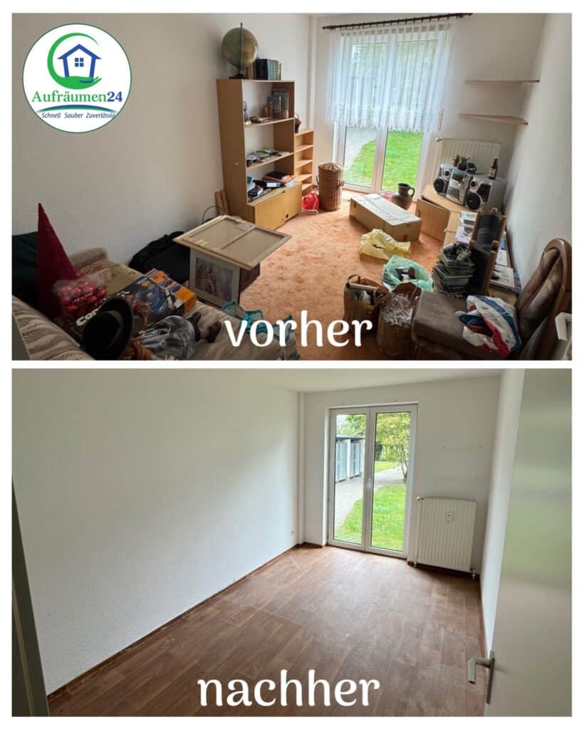 Vorher-Nachher-Vergleich eines Raums: Das erste Bild zeigt einen überfüllten Raum mit Möbeln und Gegenständen, das zweite Bild zeigt denselben Raum leer und sauber mit kahlen Böden.