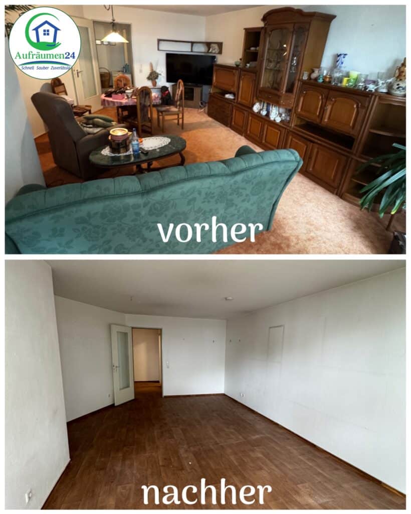 Das geteilte Bild zeigt ein unordentliches, möbliertes Wohnzimmer mit der Aufschrift vorher (before) und den gleichen Raum leer mit kahlen Böden und Wänden mit der Aufschrift nachher (after).
