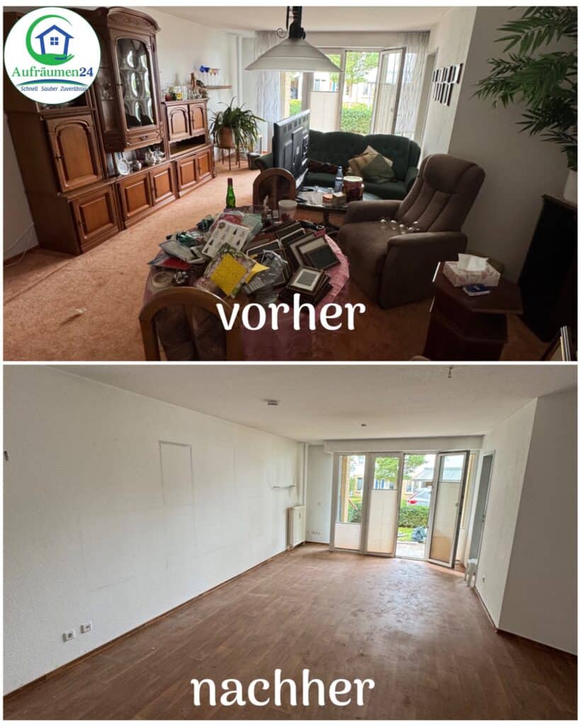 Zwei Fotos desselben Wohnzimmers: das obere ist vollgestopft mit Möbeln und Gegenständen (vorher), das untere ist leer und sauber (nachher).