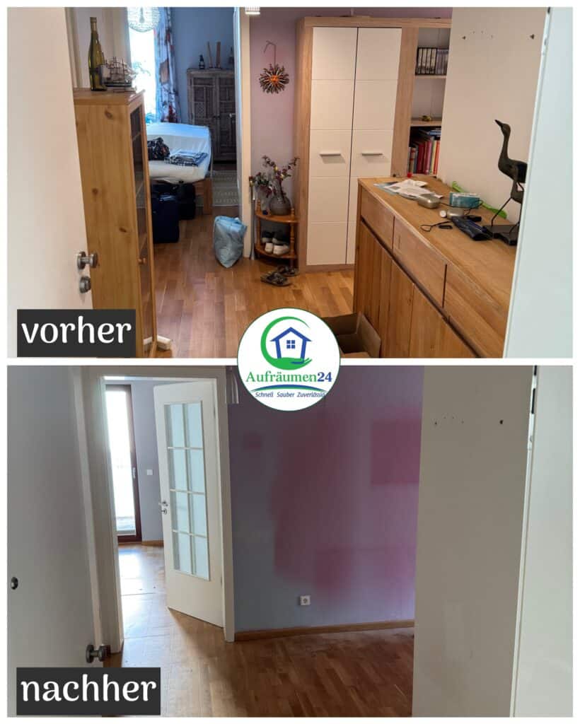 Nebeneinander stehende Fotos zeigen ein unordentliches, möbliertes Zimmer vor der Reinigung (oben) und das gleiche Zimmer leer, nachdem die Gegenstände entfernt worden sind (unten).