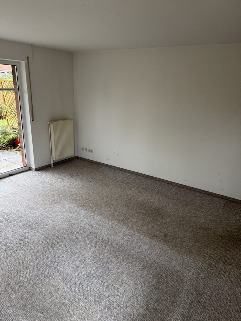 Leeres Zimmer mit beigem Teppich, weißen Wänden, einem Heizkörper, Steckdosen und einer Tür, die nach draußen auf eine Terrasse führt, auf der Topfpflanzen stehen.