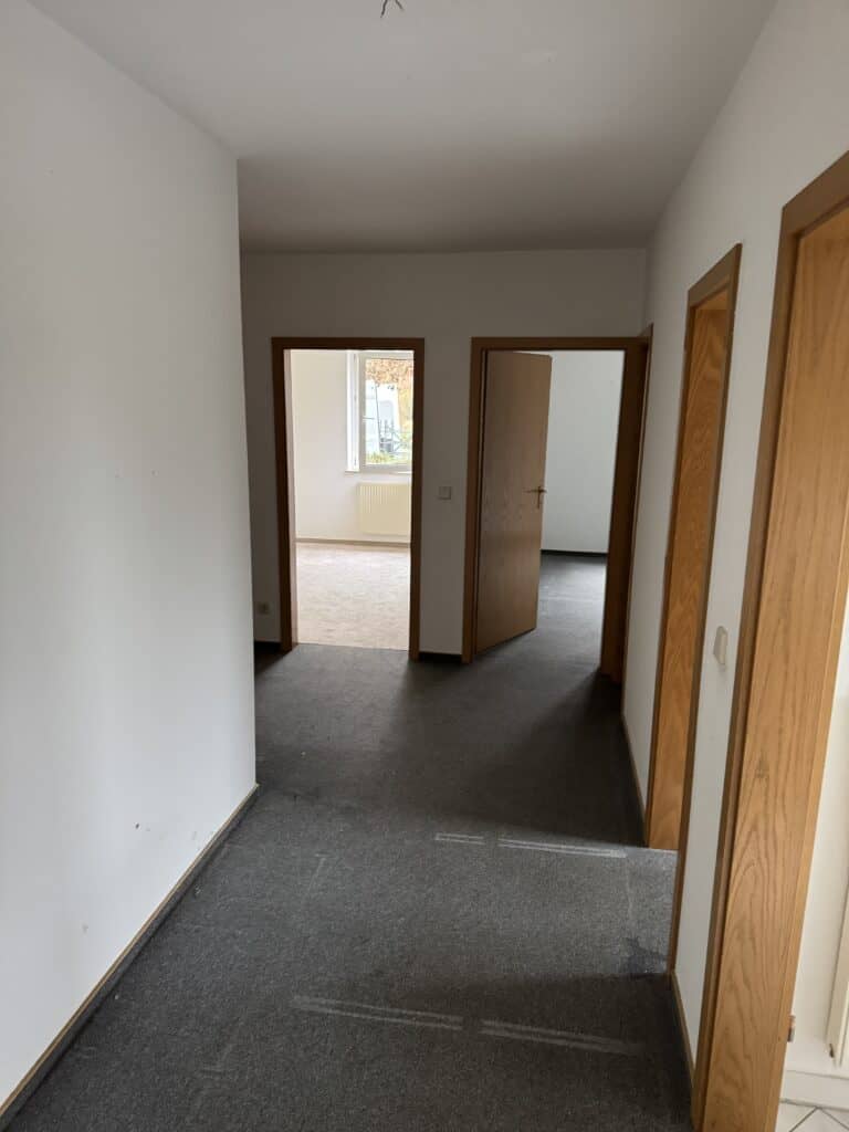 Ein Flur mit grauem Teppich, weißen Wänden und vier Holztüren, die zu verschiedenen Räumen führen, mit natürlichem Licht aus einem Fenster im hinteren Raum.