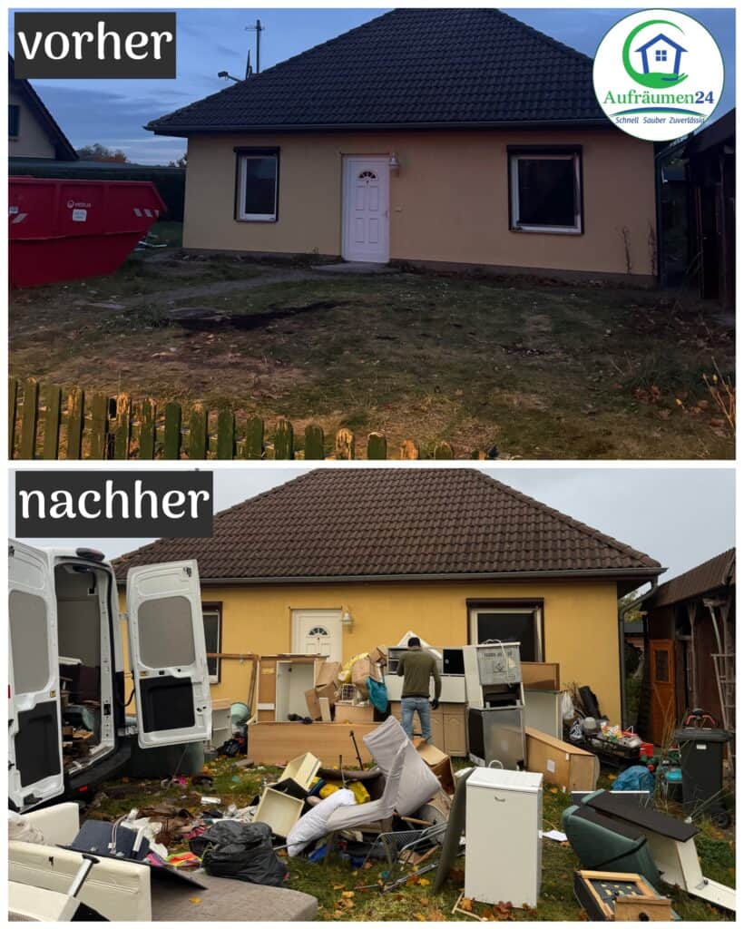 Gegenüberstellung der Außenansicht eines Hauses vor (sauberer Hof) und nach (mit Möbeln und Schutt gefüllter Hof) einer Entrümpelung.