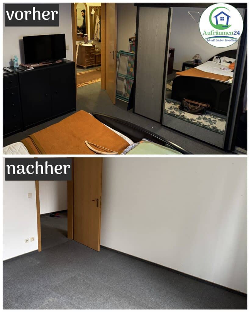 Das obere Bild zeigt ein möbliertes Schlafzimmer mit einem Bett, einer Kommode und einem Spiegel. Das untere Bild zeigt denselben Raum leer, nur der Teppich und die Wände sind noch vorhanden. Auf den Etiketten steht Vorher und Nachher.