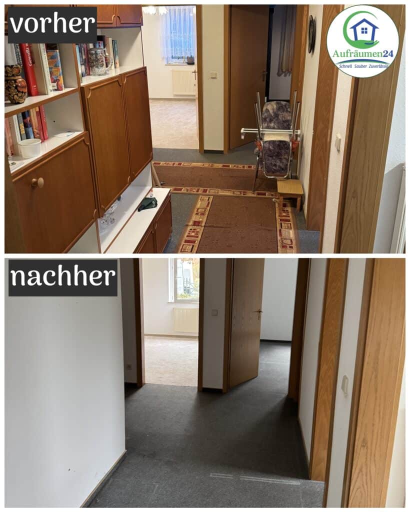Vorher-Nachher-Foto eines Flurs: Das erste Bild zeigt einen überfüllten Flur mit Möbeln und Dekoration, während das zweite Bild denselben Flur aufgeräumt und sauber zeigt.