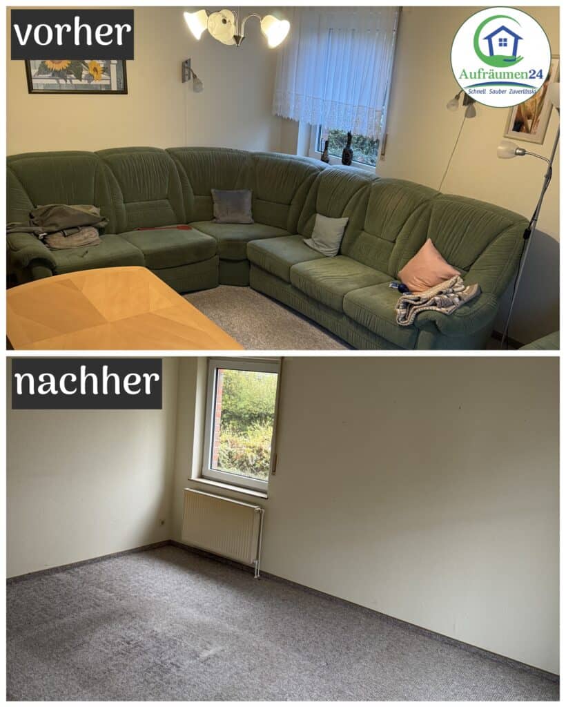 Geteilte Ansicht eines Wohnzimmers: Das obere Bild zeigt ein grünes Sektionssofa und einen Tisch; das untere Bild zeigt denselben Raum leer, nur der Teppich und der Heizkörper sind noch vorhanden.