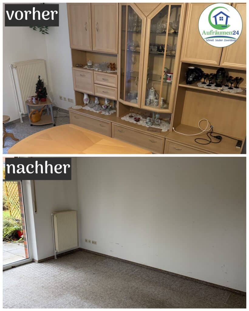 Das obere Bild zeigt einen möblierten Raum mit einem Holzschrank und Dekorationen. Das untere Bild zeigt denselben Raum, der von Möbeln und Gegenständen befreit ist und leer steht.