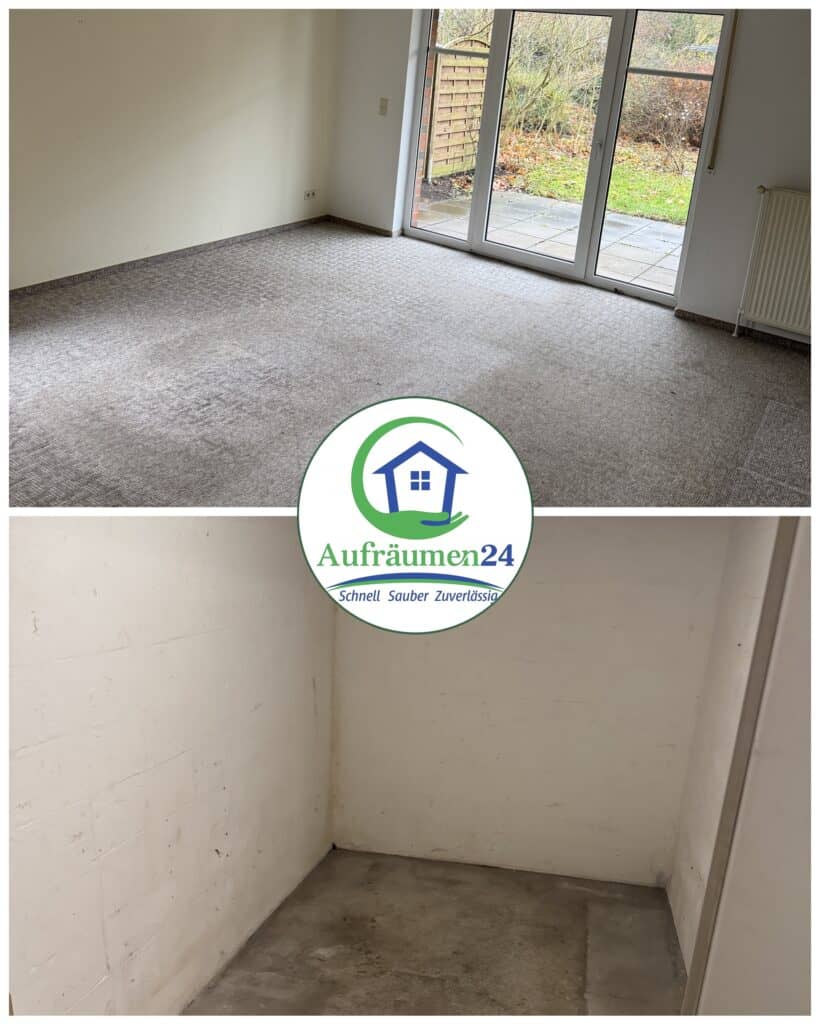 Zwei Fotos: ein mit Teppichboden ausgelegtes, unmöbliertes Zimmer mit Terrassentüren und ein kleiner leerer Lagerraum mit Betonboden. Das Logo des Reinigungsdienstes Aufräumen24 steht mittig zwischen den Bildern.