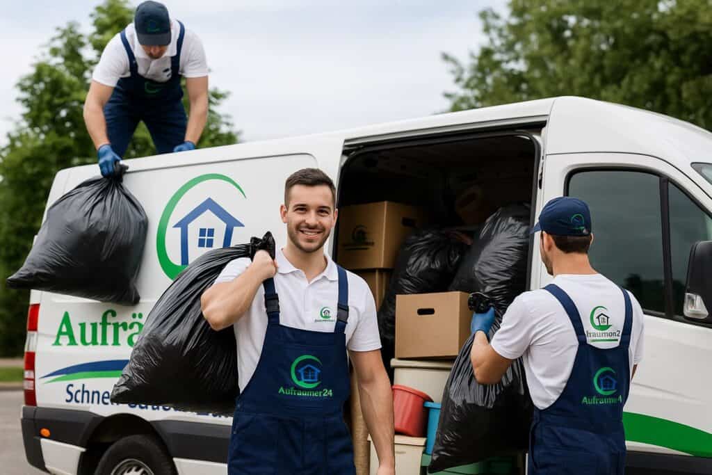 Drei Arbeiter in Uniform laden an einem bewölkten Tag große Müllsäcke und Kartons in einen weißen Lieferwagen mit der Aufschrift Aufräumaz24, spezialisiert auf Wohnungsauflösung Schwerin, im Freien.