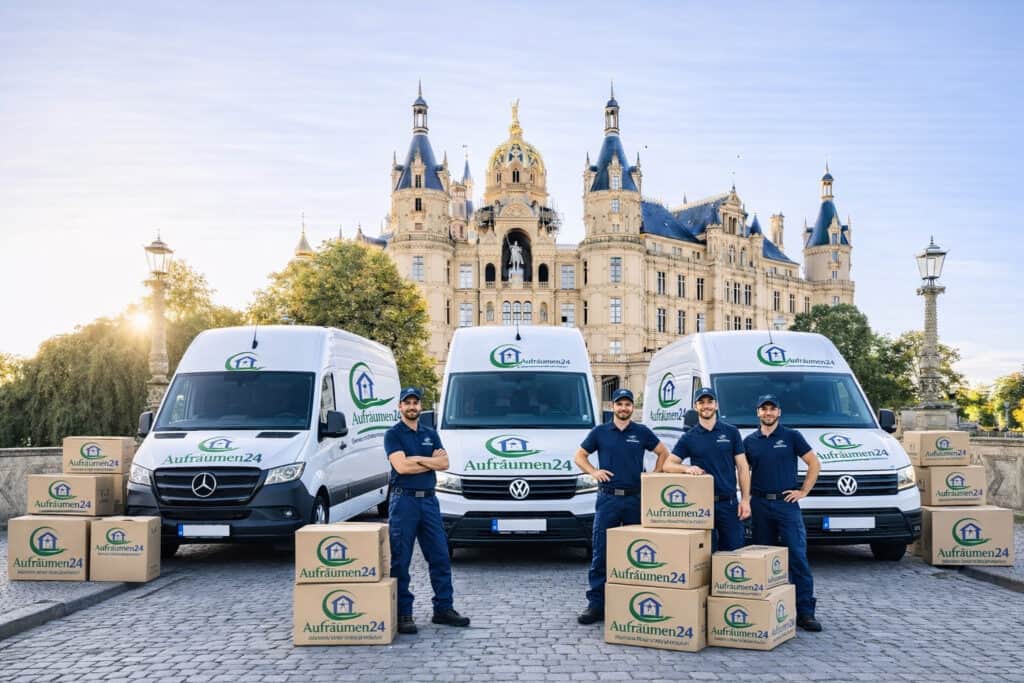 Vier uniformierte Mitarbeiter stehen vor drei gebrandeten Transportern und mehreren Kartons, im Hintergrund ein großes verziertes Gebäude - ein automatisch gespeicherter Entwurf von effizienter Teamarbeit und zuverlässiger Logistik.