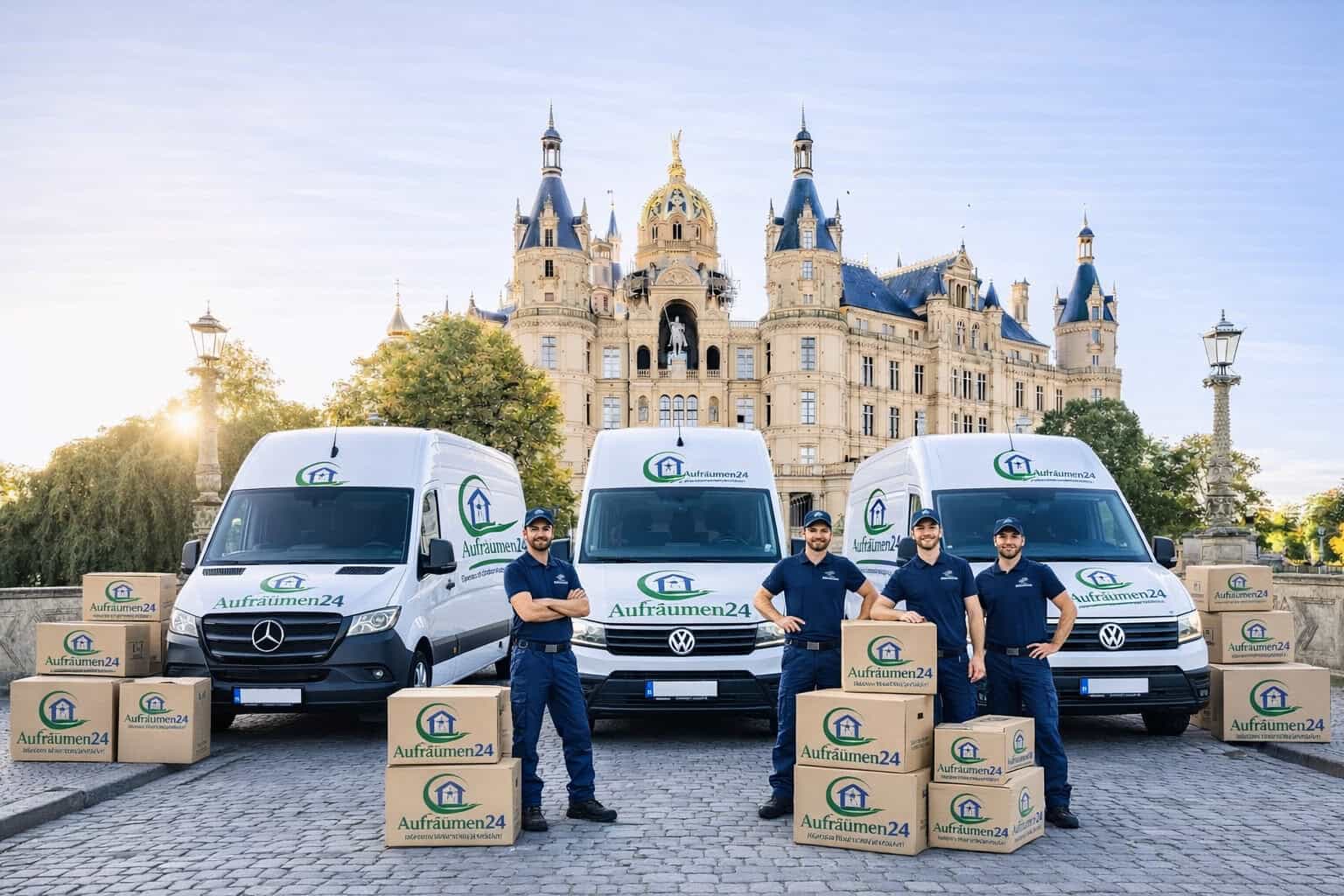 Vier uniformierte Mitarbeiter stehen vor drei gebrandeten Transportern und mehreren Kartons, im Hintergrund ein großes verziertes Gebäude - ein automatisch gespeicherter Entwurf von effizienter Teamarbeit und zuverlässiger Logistik.