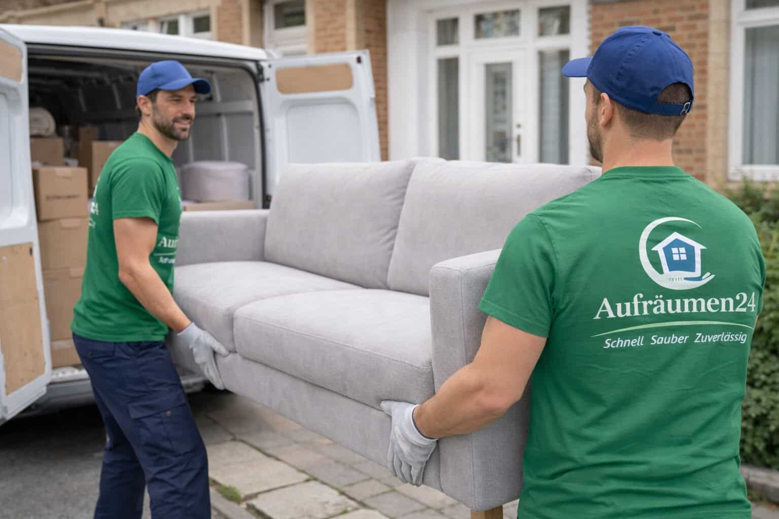 Zwei Umzugsunternehmen aus Schwerin, die grüne Hemden und blaue Mützen mit dem Aufräumen24-Logo tragen, holen ein graues Sofa aus einem Transporter in einem Wohngebiet. Im Inneren des Transporters sind Kartons zu sehen.