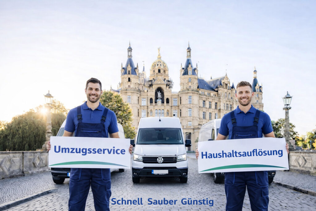 Zwei Männer in blauen Uniformen halten Schilder mit der Aufschrift Umzugsservice, Entrümpelung und Haushaltsauflösung vor einem weißen Lieferwagen, mit einer Burg im Hintergrund. Der Text darunter lautet Schnell Sauber Günstig.