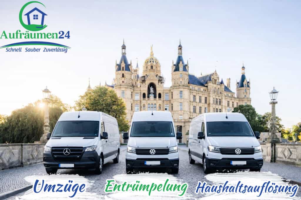 Drei weiße Umzugswagen sind nebeneinander vor einem historischen Schloss geparkt. Das Bild zeigt das Aufräumen24-Logo und einen deutschen Text, der für Umzug Schwerin und professionelle Umzugsdienstleistungen wirbt.
