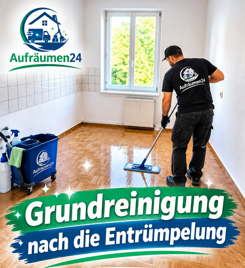 Ein Mitarbeiter wischt in einem leeren Raum einen polierten Holzboden, daneben liegen Reinigungsutensilien – ein Beispiel für die gründliche Wohnungsauflösung nach dem Entrümpeln. Der Text lautet: Grundreinigung nach dem Entrümpeln. Aufräumen24 – Ihr zuverlässiger Umzugsservice und Umzugsunternehmen.