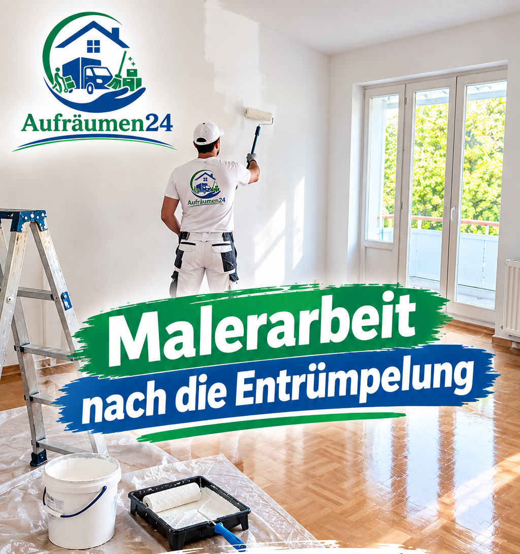 Ein Maler in weißer Arbeitskleidung streicht mit einer Rolle einen hellen, leeren Raum. Eimer, eine Leiter und Arbeitsutensilien stehen daneben. Der Text lautet: Malerarbeiten nach Entrümpelung oder Haushaltsauflösung.