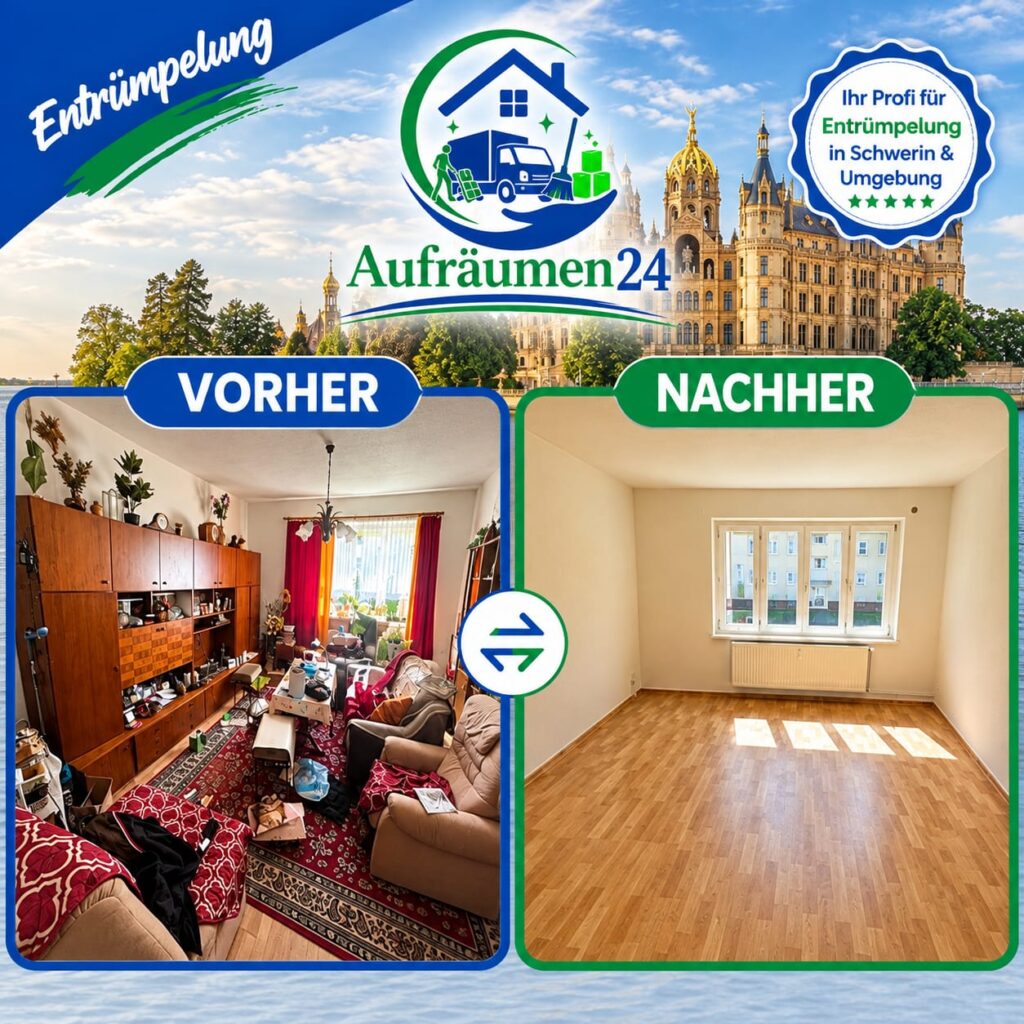 Das geteilte Bild zeigt links ein überfülltes Wohnzimmer mit der Beschriftung „Vorher“ und rechts denselben Raum, der ausgeräumt und gereinigt wurde, mit der Beschriftung „Nachher“. Damit wird die beeindruckende Verwandlung verdeutlicht, die durch eine professionelle Haushaltsauflösung mit einem Umzugsunternehmen aus Schwerin ermöglicht wurde.